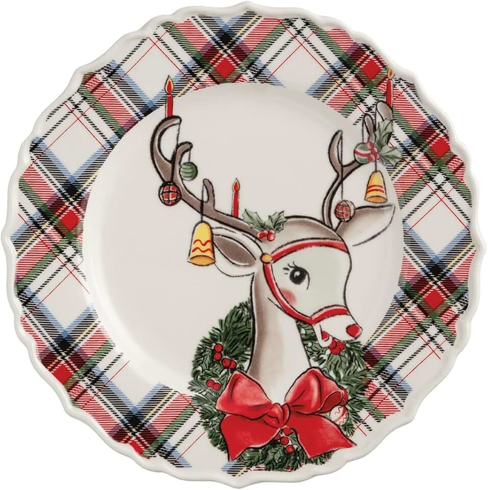 Mud Pie Christmas Reindeer Tartan Rim Salad Plate