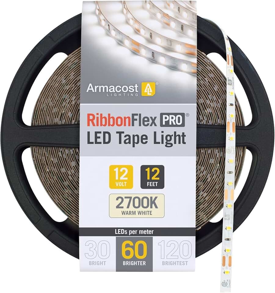 Armacost Lighting RibbonFlex Pro 12V White LED Strip Lights 60 LED/m, 2700K, 12 ft, 132220