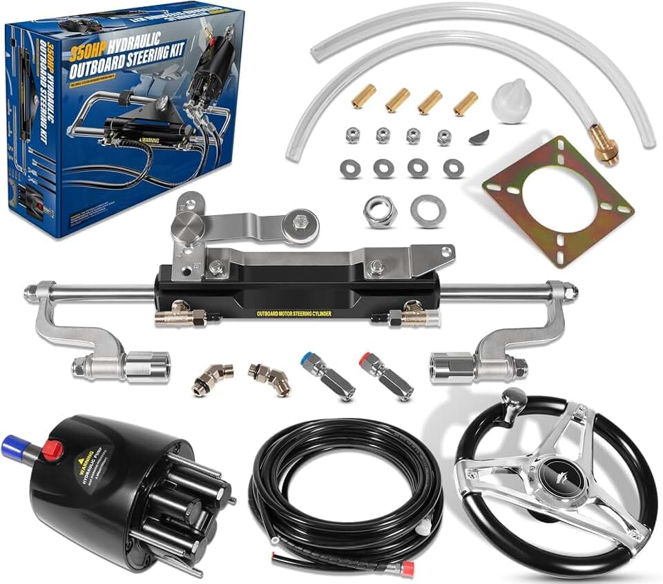 350HP Boat Outboard Hydraulic Steering System Kit with Durable Aluminum Alloy Steering Wheel, Hydraulic Steering Cylinder, Helm Pump, Tubing & Rubber Hose Fits for Most Single-Outboard Powered Boats