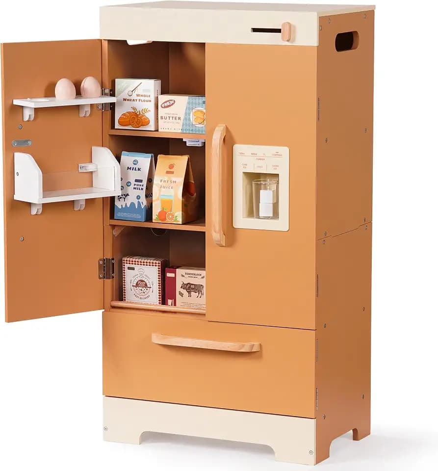 ROBOTIME Kids Wooden Refrigerator, Play Kitchen Fridge for Toddlers, Toy Fridge with Ice Maker and Food Accessories, Pretend Play Kitchen Toy for Boys & Girls Ages 3+