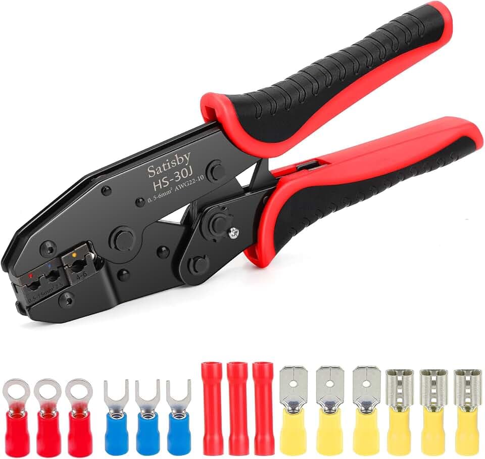 Crimpzange Kabelschuhe Set-Speziellen kfz Crimpzange Kabelschuhzange mit Ratschenfunktion für 0,5-6mm² isoliert Flachsteckhülsen, Rundstecker, Ringkabelschuhe und Stoßverbinder