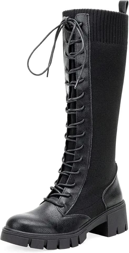 Jeossy Women's Combat Chunky Platform Heel Knee High Lace Up Boots