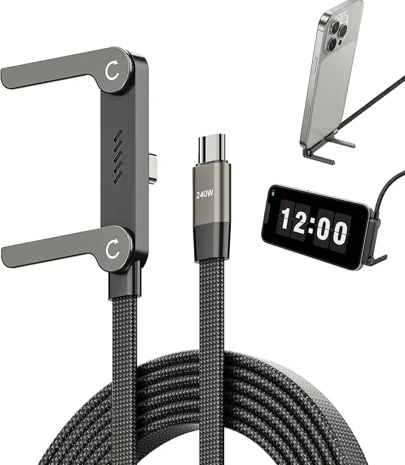 240W USB C to USB C Ultra Fast Charging Cable with Invisible Stand Flat Phone Charger 90 Degree Right Angle Plug T Shaped Foldable Stand Multi Functional Cord Black 4.9 Ft (1 Pack