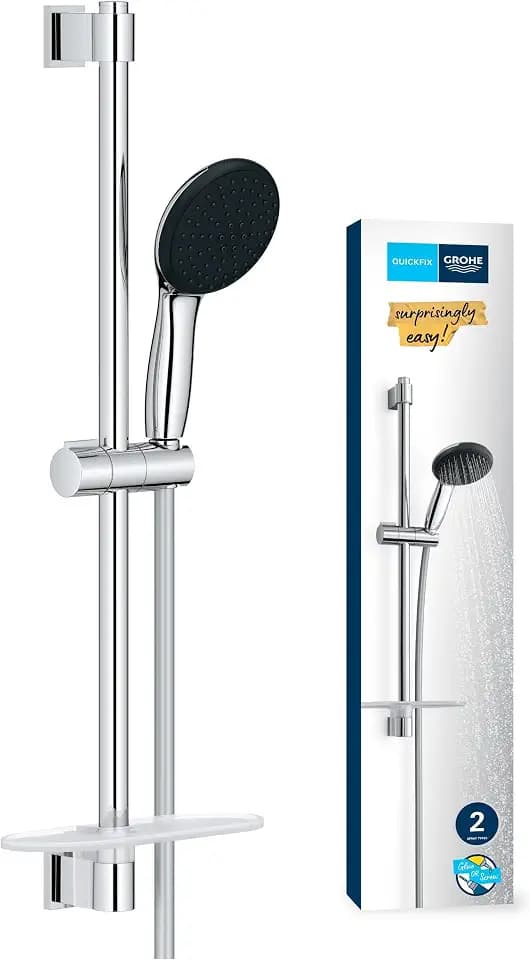 GROHE Vitalio 110, Duschset mit Ablage, 14l pro Min (Duschstangenset mit: Duschkopf 2 Strahlarten, 1,75m Schlauch, Duschstange 60cm, zum Kleben oder Bohren, ohne Kleber), rund, chrom, 26952001