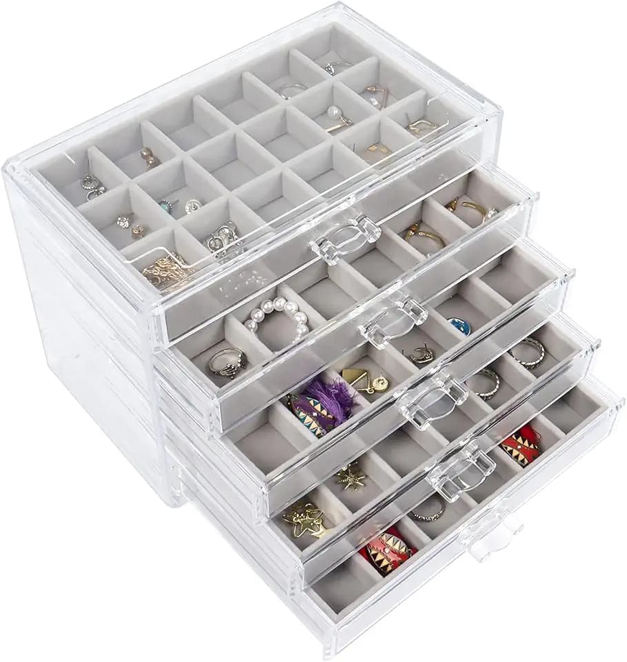 Acryl Schmuck Organizer,Schmuckaufbewahrung für Damen,Durchsichtige Schmuckaufbewahrung Schmuckkästchen Schmuckbox mit Schubladen für Ohrringe, Ringe (5 Schubladen Grau)