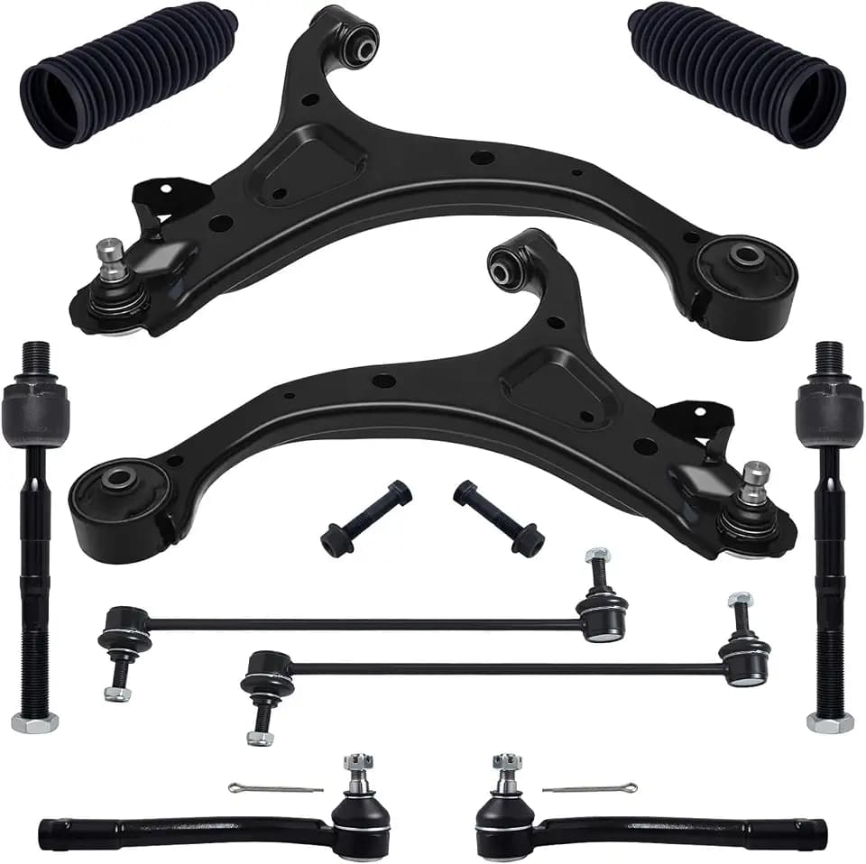 TUCAREST 10Pcs Suspension Kit Fit For 07-12 Hy-undai Santa Fe, 11-13 K-ia Sorento, Front Lower Control Arm w/Ball joint + Outer Inner Tie Rod + Sway Bar + Boots [# K621685 K750204 EV800231 ES800035]