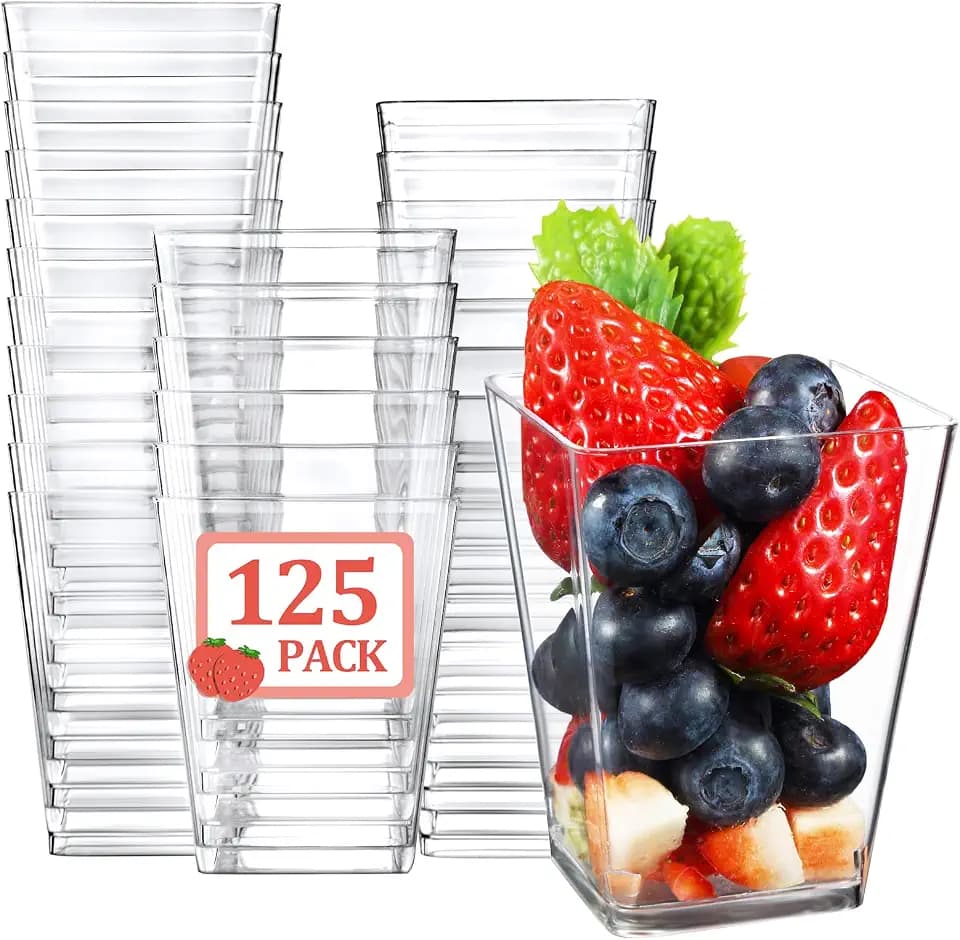 Eupako 125 Pack 5 OZ Plastic Mini Dessert Cups - Clear Small Parfait Cups, Square Appetizer Cups for Fruit, Pudding, Mousse, Ice Cream, Party, Wedding, Valentine's Day