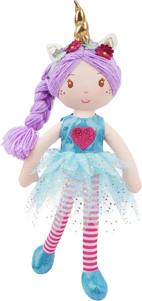 June Garden 16" Myra Unicorn Plush Doll, Purple Hair, Blue Dress