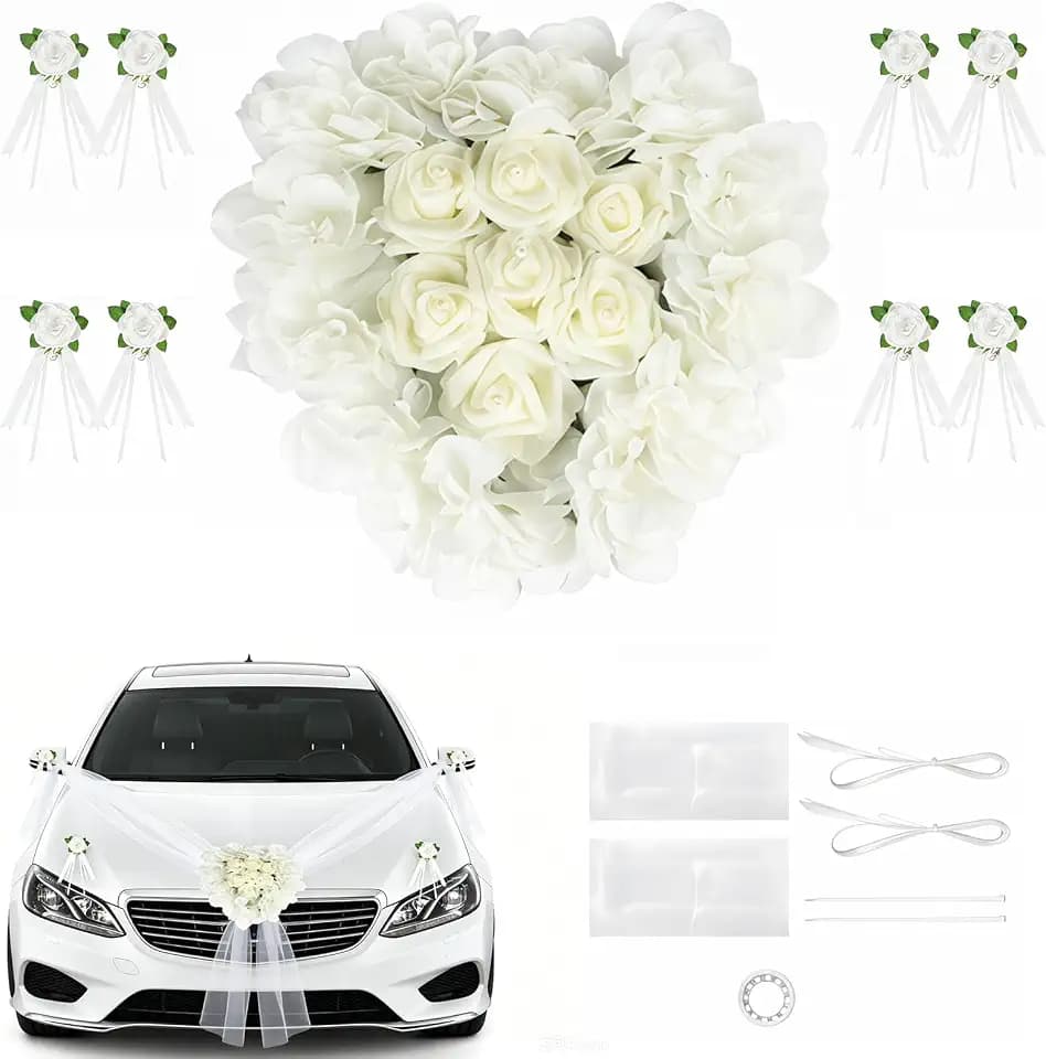Premium Autoschmuck Hochzeit Motorhaube, Auto Motorhaube Hochzeitsschmuck Set mit 1x Herzen Girlande, 8 x Türgriffblume, 2 x 1,8m Tüll usw. für Just Married, Bridal Shower, Wedding Ceremony