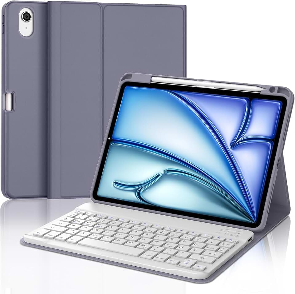 JADEMALL Für iPad Air 11 Zoll Hülle mit Tastatur Kompatibel 2024 M2/2025 M3 (A2902/A2904/A2903/A3266/A3270) – Abnehmbare Bluetooth Tastatur, Stifthalter, Leichtgewicht, QWERTZ-Layout, Lavendelviolett