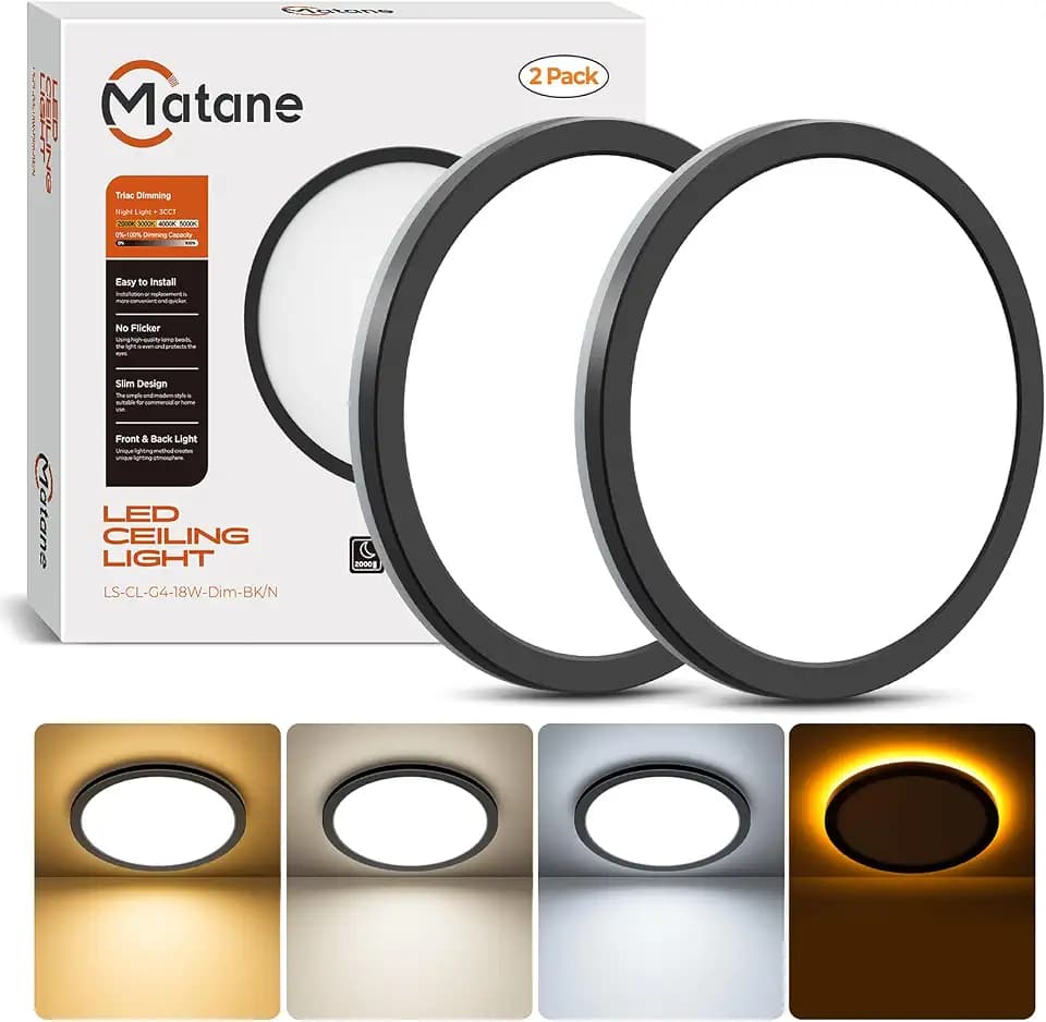 Matane 2Pack Dimmable Flush Mount Ceiling Light Fixture with Night Light, 18W 3000K 4000K 5000K, LED Low Profile Ceiling Lights for Bedroom Hallway Kitchen, 8.7inch Black Round