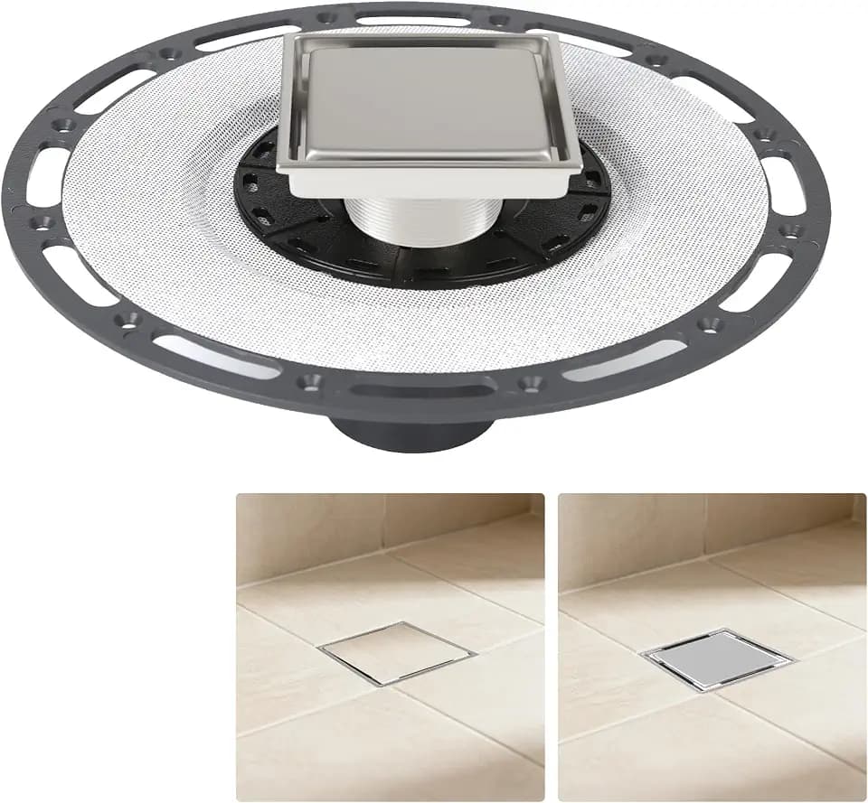 4-Inch Square Shower Drain Kit, Tile Insert Grate & Bonding Flange