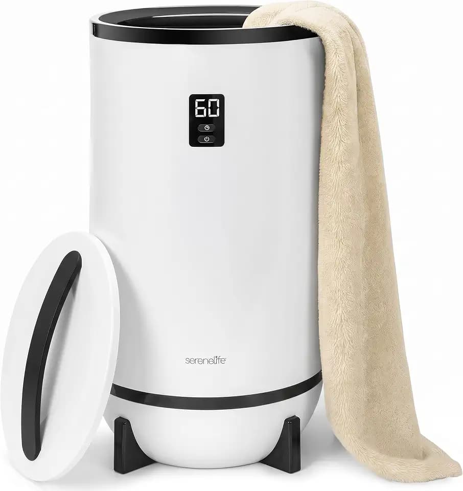 SereneLife Towel Warmer Bucket Style – Portable Blanket Heater for Spa and Bathroom, Large Capacity, Customizable Fragrance, Auto Shut-Off, Fits 2 Large Towels or Blankets, One-Touch Control, Black