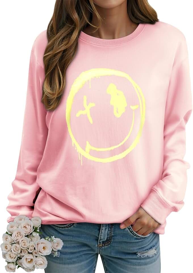 WIEIYM Damen-Sweatshirt, Smiley-Gesicht, Rundhalsausschnitt, langärmelig, Grafikdruck, Basic-Top, lässiger Pullover, S-XXL