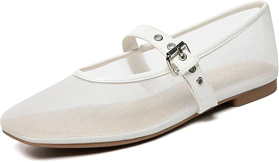 Rihero Mesh Ballet Flats Women Square Toe Mary Jane Ballerina Shoes