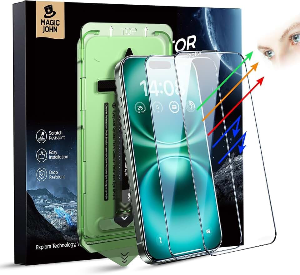 MAGIC JOHN 2 Stück für iPhone 16 (6,1 Zoll) Displayschutz Augenschutz Anti-Blaulicht, HD Klar, Auto Dust-Elimination, 9H-Gehärtetes Glas & Kratzresistenz, Vollständige Kantenabdeckung