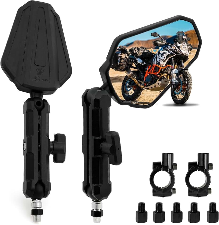 DREAMIZER Adventure Motorradspiegel, E24 Universal 8mm 10mm Motorrad Seitenspiegel, 22mm 7/8" Lenker Rückspiegel Kompatibel mit RZR YFZ 390 790 890 adv YFZ TRX90 ATV Quad Enduro Dirt Bike Schneemobil