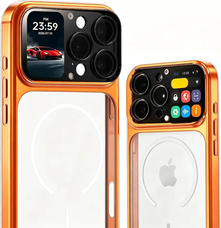 Phone Case for iPhone 16 Pro Max with 1.85 Inch Smart Display, 2026 New Tech Rechargeable and Syncs with Phone Photography, Music, Weather, Clock, Message, Clear Shock Proof Non Slip (Orange).