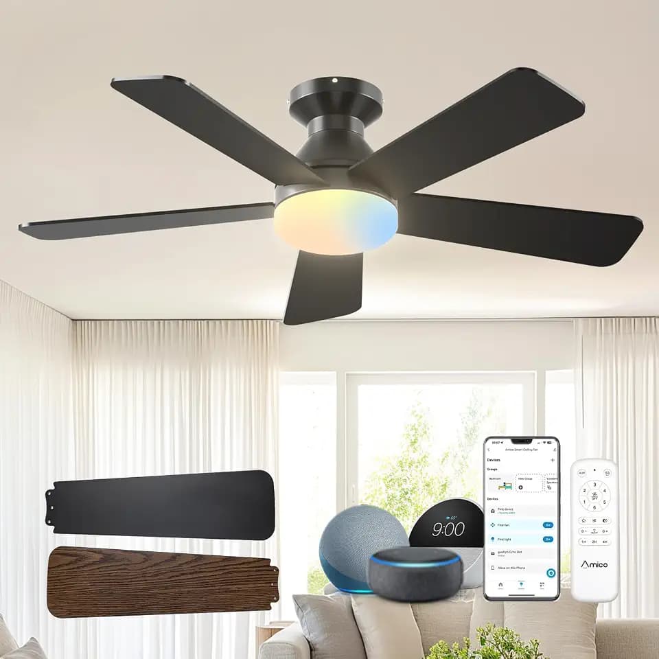 Amico 42 Inch Smart Ceiling Fans with Lights and Remote, Low Profile, Black