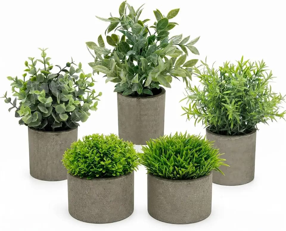 AUUGUU Artificial Potted Plants Faux Greenery in Cement Pots for Shelf, Bookshelf, Office or Home Decor, Small Decorative Fake Plants for Modern Indoor Display