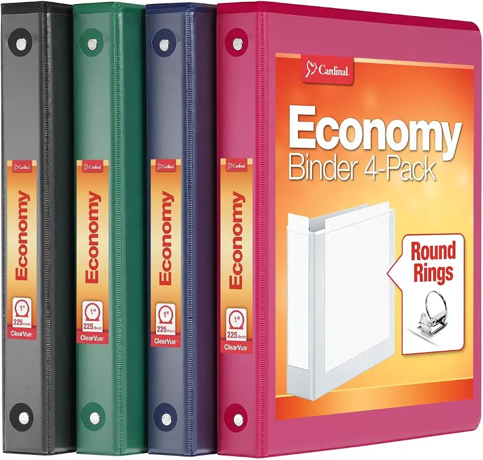 Cardinal 3 Ring Binders, Binders for School and Office, Durable 1 Inch, Round Rings, Holds 225 Sheets, ClearVue Presentation View, Non-Stick, Assorted Colors, 4 Pack (1017672)