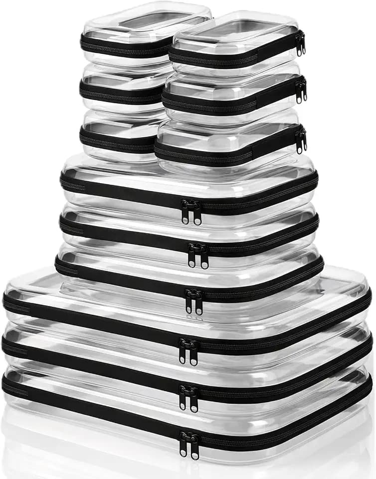 12 Pack Clear Hard Shell Zipper Case with 40 Labels, X-Large/Medium/Small Stackable Clear Pouches, Crush-resistant Travel Toiletry Bag Organizer for Makeup Board Games Electronics (Black)