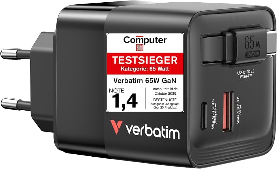 Verbatim GaN Charger 65W 2 Port mit ausziehbarem USB-C Kabel - Schnellladen