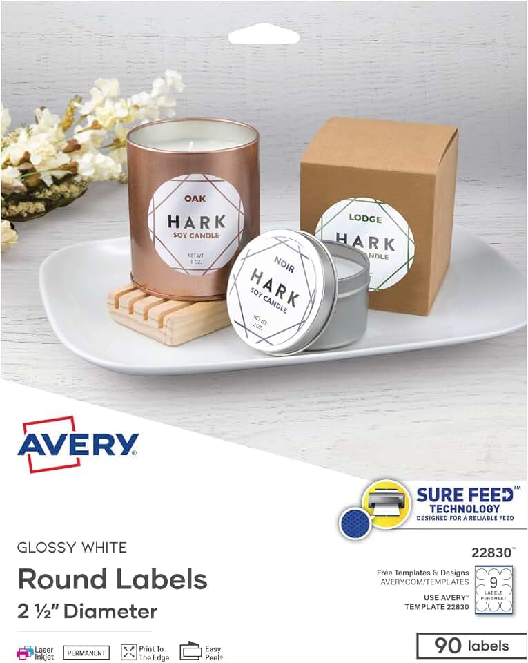 Avery Printable Round Labels with Sure Feed, 2.5" Diameter, Glossy White, 450 Customizable Labels (22830)