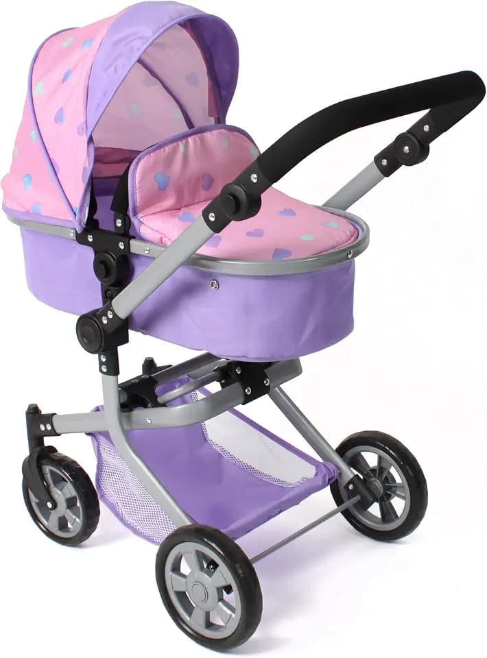 Bayer Chic 2000® 2in1 Puppenwagen Mika – Herzchen lila – faltbar – höhenverstellbarer Griff 47-80 cm – modernes Gestell – Puppen bis 52 cm – 4-8 J, Flowers