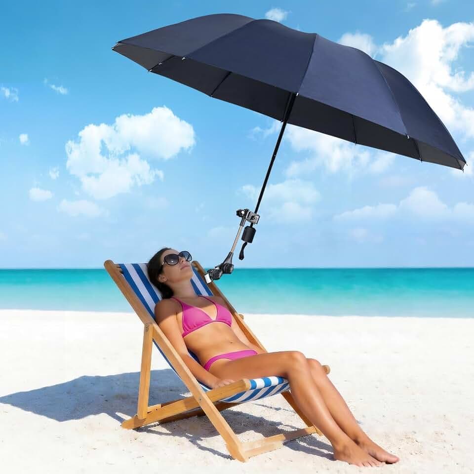 Beach Chair Umbrella with Clamp 360° Adjustable Clip On Umbrella for Camping Chair UPF 50+ UV Protection Sun Shade Portable Stroller Umbrellas for Travel, Wheelchair, Boat, Patio, Golf Cart