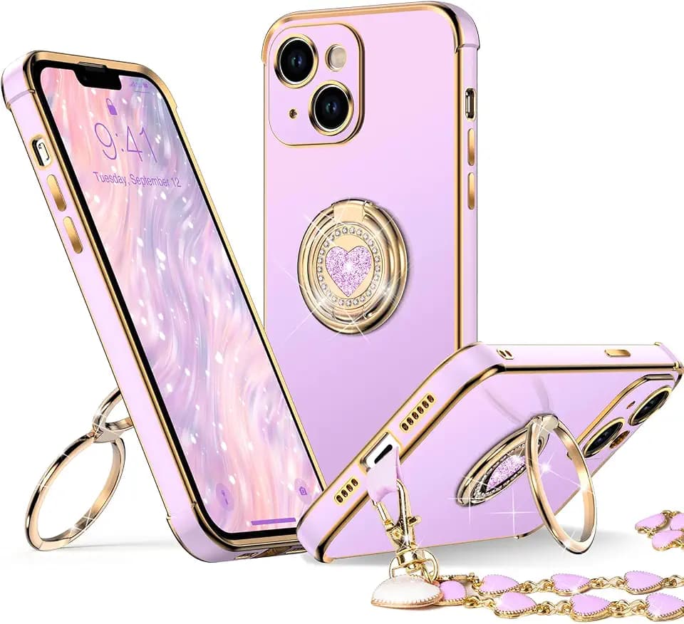 XYZ for iPhone 13 Case with Stand, Phone Case with Double Ring Kickstand, Women Girls Bling Luxury Protective Case Heart for iPhone 13, Purple