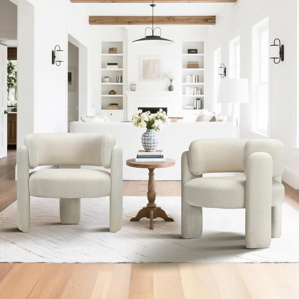 COLAMY Modern Velvet Ohrensessel 2er Set, Gepolsterter Sessel Wohnzimmer, Bequemer Runder loungesessel mit 3 Beinen für Wohnzimmer, Schlafzimmer, Leseecke, Creme
