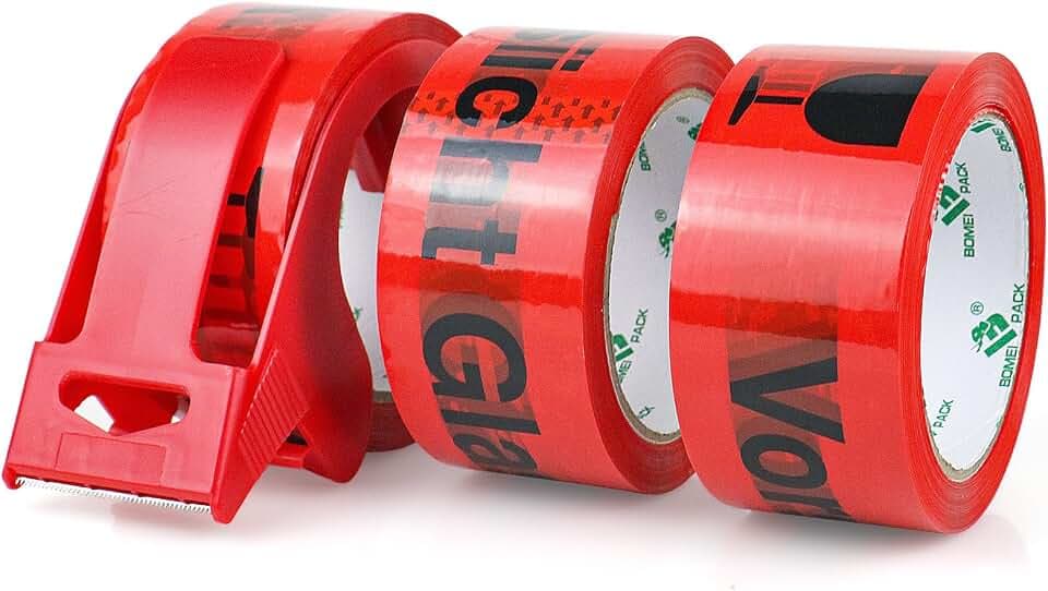 BOMEI PACK 3 Rollen Paketklebeband Vorsicht Glas Klebeband Packband Verpackungsband Kartonband 66mx50mm Verpackungsmaterial für Pakete und Karton Packband mit hoher Klebkraft in Profi-Qualität