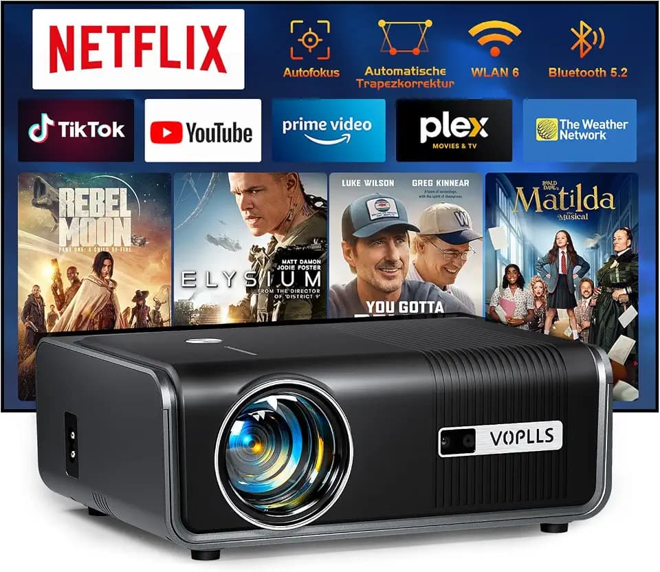 Smart Beamer【Netflix Official/Autofokus Trapezkorrektur】 Full HD 1080P 25000L Beamer 4K Unterstütz, VOPLLS WIFI6 Bluetooth Heimkino Video/Outdoor Projector für Android/Handy Projektor mit Stativ