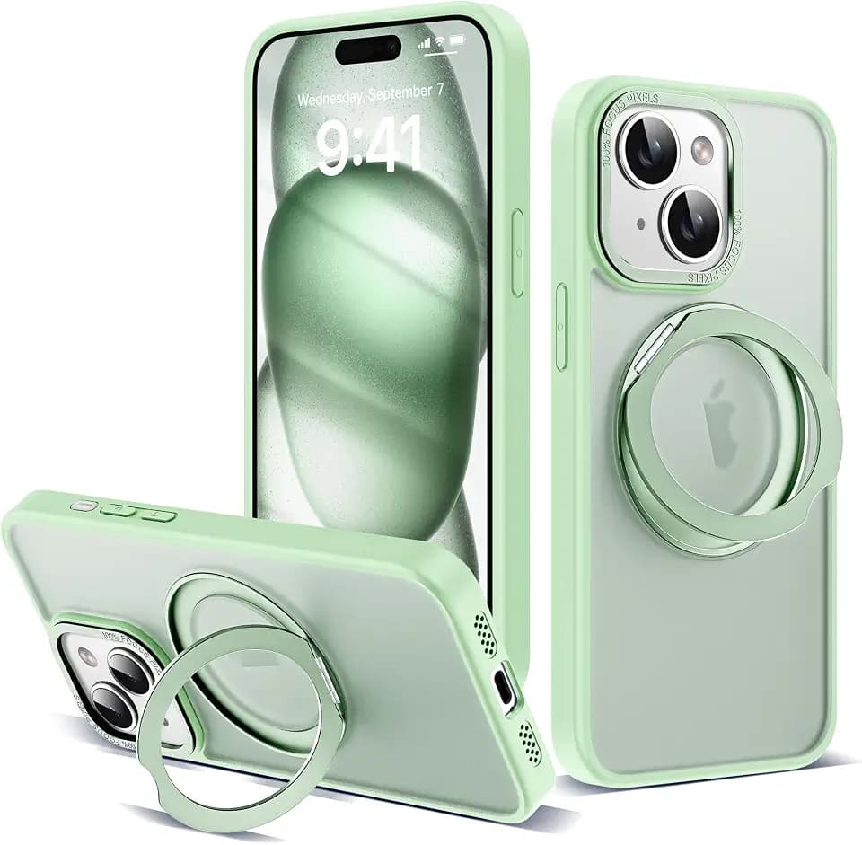 for iPhone 15 Case with 360° Spin Magnetic Stand,Green