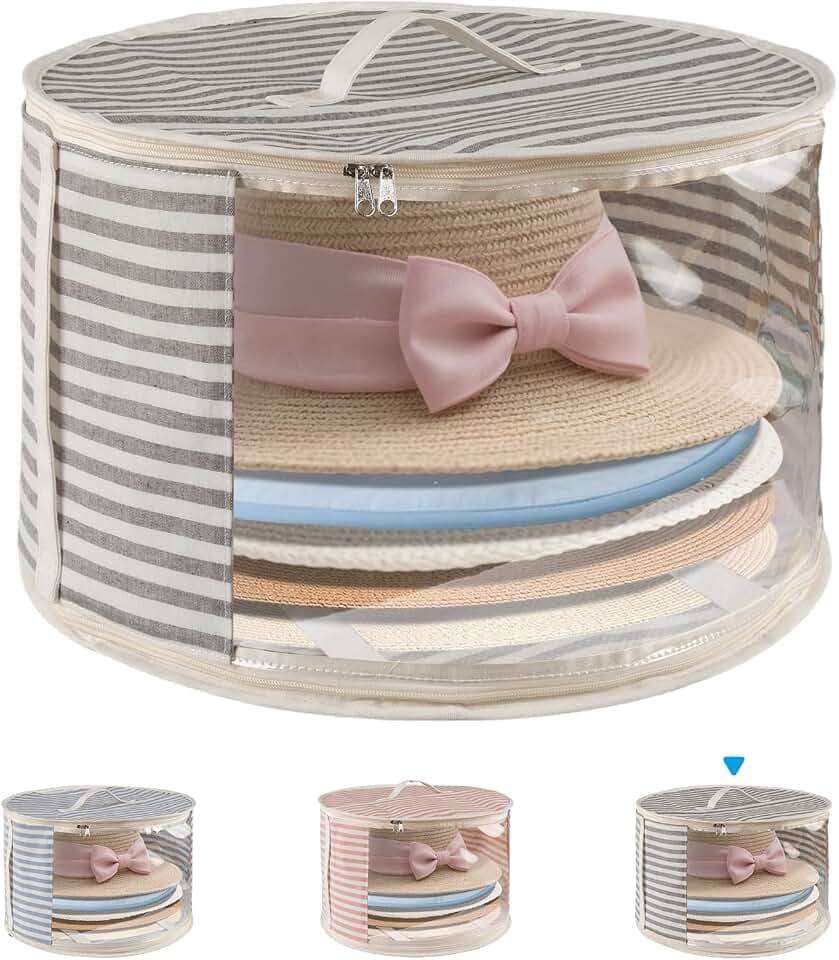 1 Pack Hat Storage Box with Clear Window, Holds up to 7 Caps Cowboy Hat Organizer Bag for Closet for Wide Brim Hats with Carrying Handles, Gray