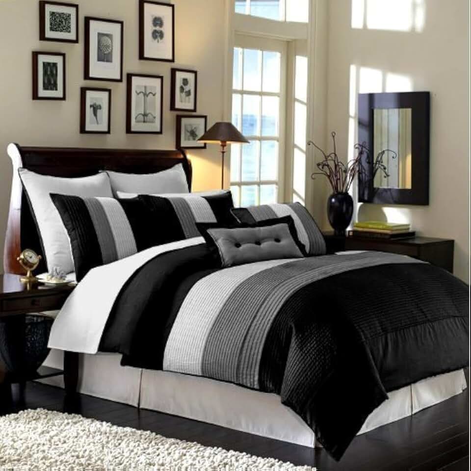 Loft 8-Piece Striped Comforter Set Queen, Black/Gray/White