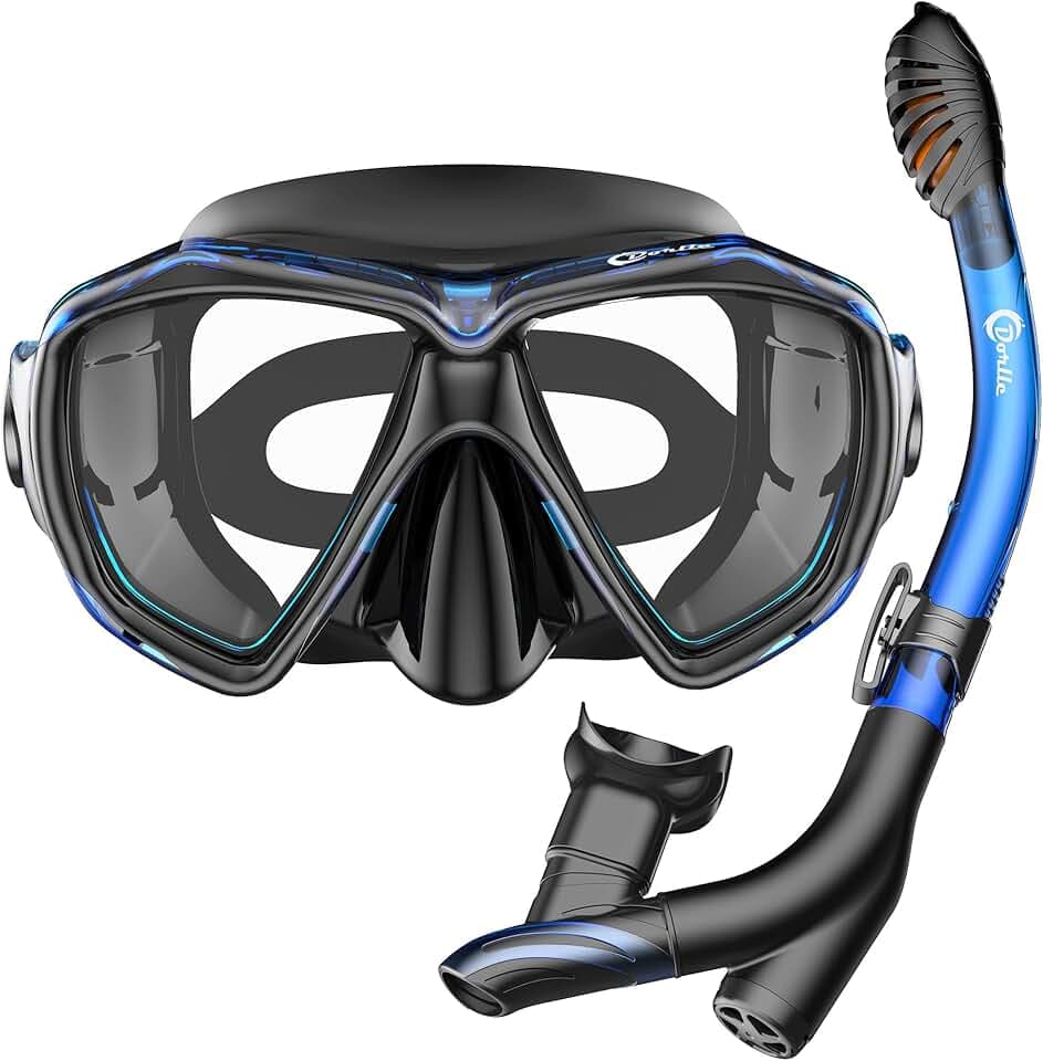 Dorlle Schnorchelset Schnorcheln Set mit Schnorchel und Taucherbrille，wasserdichte Tauchmaske Anti-Fog Anti-Leck aus Gehärtetem Glas，mit 3-Kanal Premium Dry Schnorchel für Erwachsene