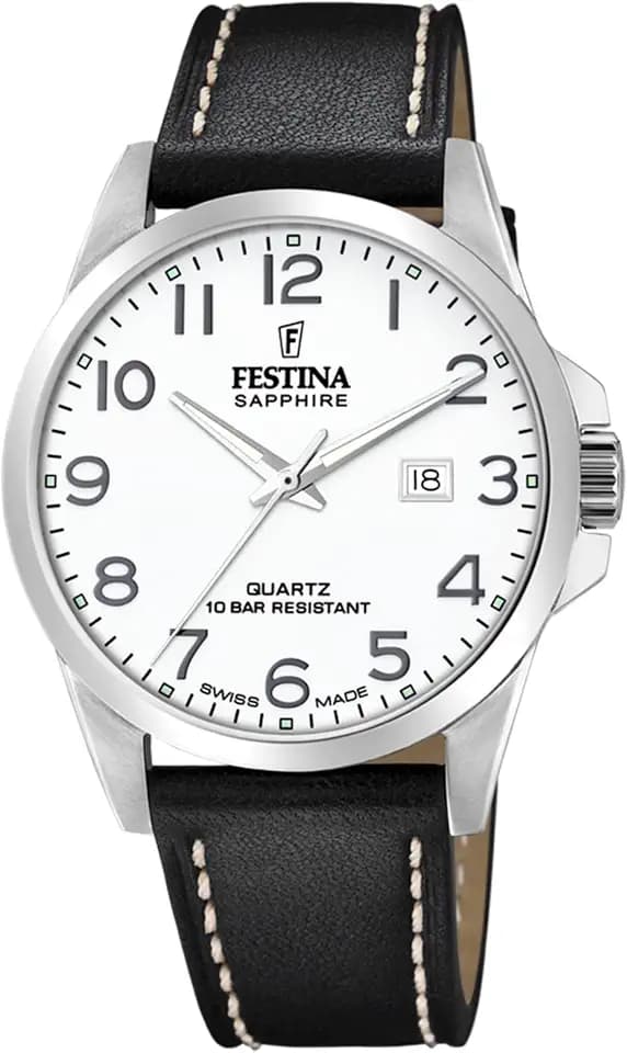 Festina Swiss Made Herrenuhr Analog aus Leder Schwarz