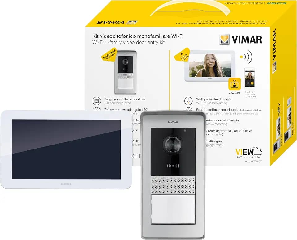 VIMAR K42955 Videosprechenalagen-Set enthält Freisprech-Touchscreen-Videohaustelefon LCD 7in und WLAN-Verbindung, 1-Taste RFID-Klingeltableau mit Regenschutz, DIN Netzgerät, 1 Familie