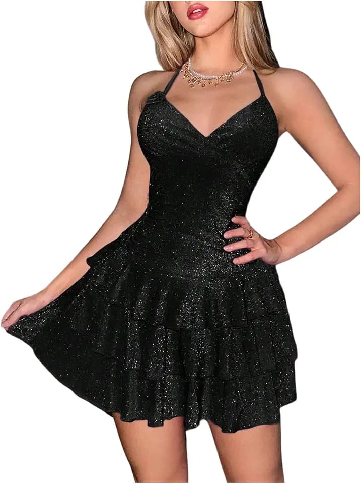 OYOANGLE Women's Sparkly 3D Floral Halter Mini Dress