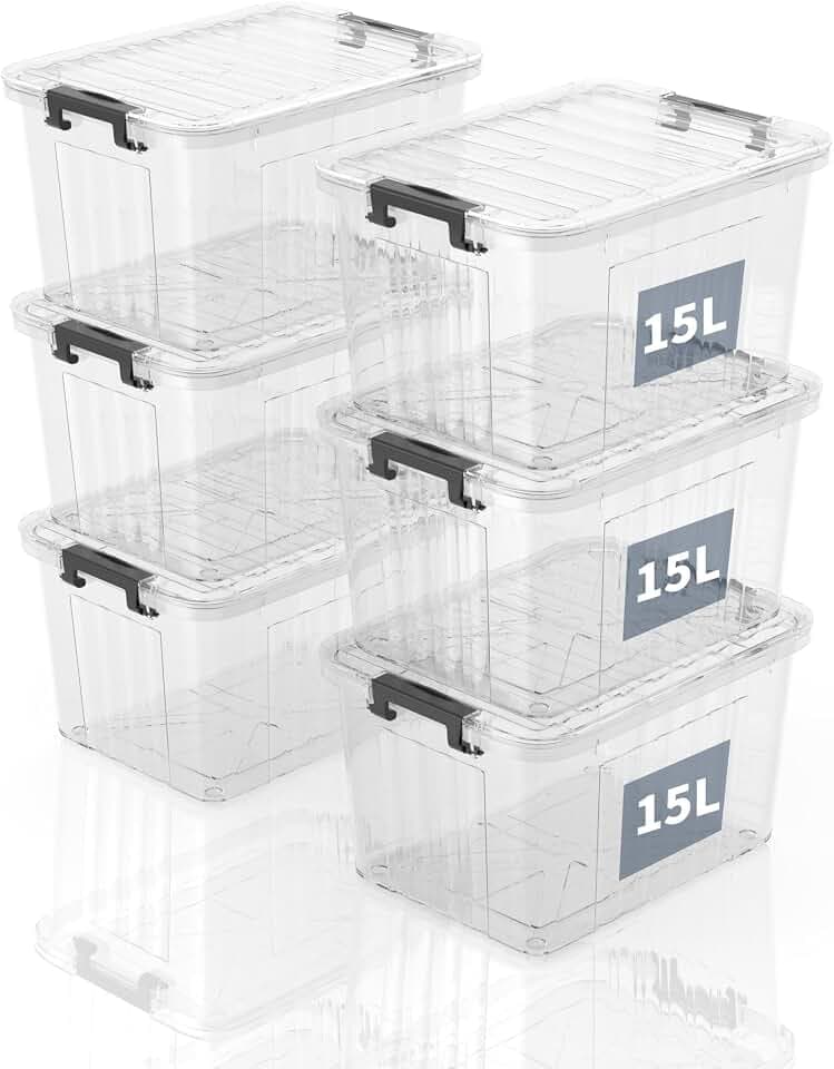Aufbewahrungsboxen mit Deckeln, Aufbewahrungsbox, Kunststoff - Aufbewahrungslösungen für Zuhause, Büro und Schule, Ordnungsboxen, Einschachtelbar und Stapelbar, Transparent, 15L(6er Set)