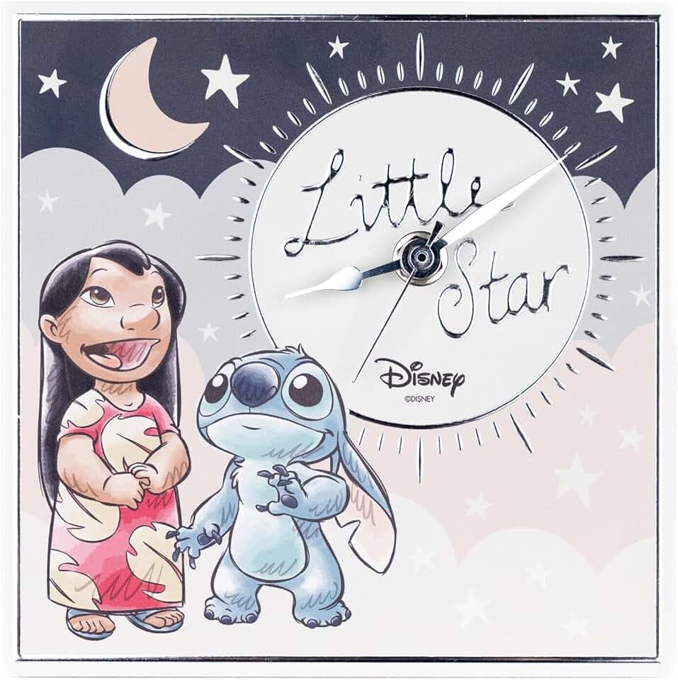 VALENTI & CO. - Disney Lilo und Stitch - Tisch- oder Hängeuhr aus Holz mit silbernen Details - Geschenkidee für Neugeborene oder Taufe - Wanduhr für Kinderzimmer