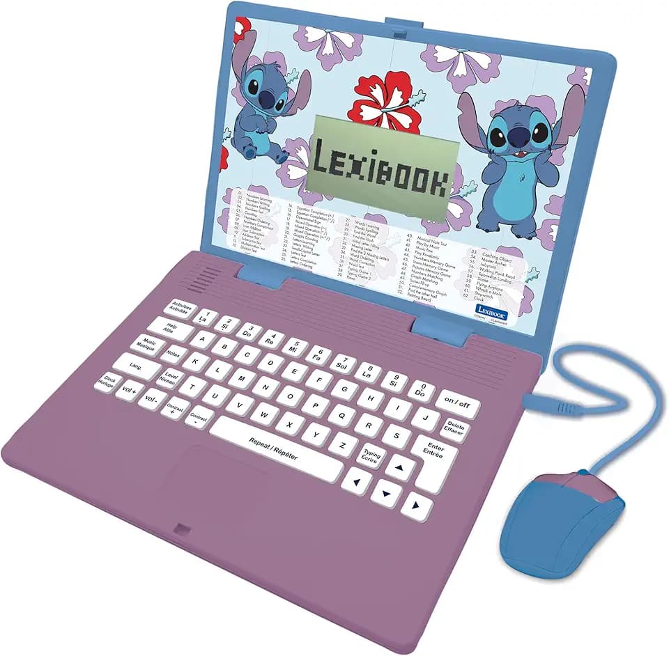 LEXIBOOK, Disney Stitch JC598Di2 Lerncomputer zweisprachig in Englisch/Spanisch, 124 Aktivitäten in Sprache, Schreiben, Mathematik, Logik, Musik und Spiele für Jungen und Mädchen
