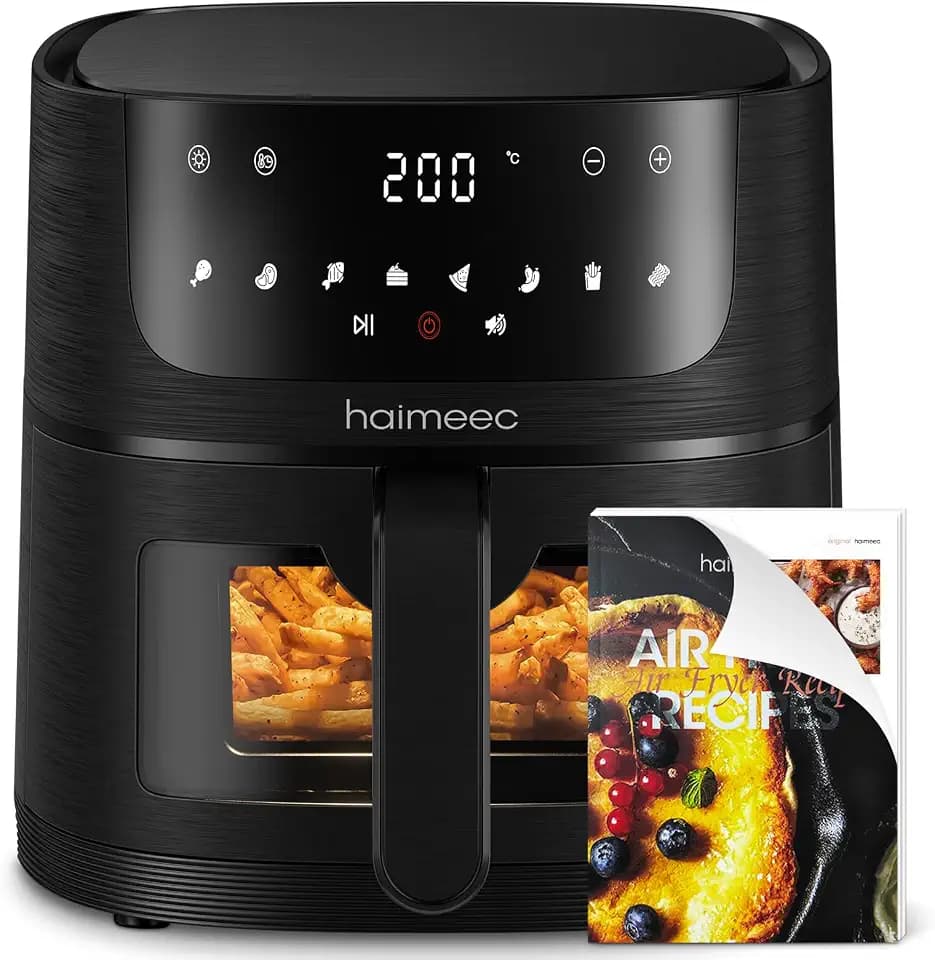 Airfryer 6L, Heißluftfritteuse mit Sichtfenster, Fritteuse ohne Öl mit Shake-Reminder, Antihaftbeschichtet, 30-200°C, 78 Rezepte, 8-in-1 Kochvorgaben, Leise Heissluftfritteuse<60db