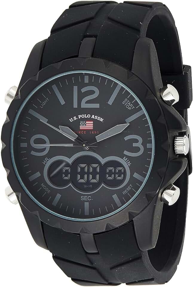 U.S. Polo Assn. Men's Multifunction Watch Black Silicone Strap Analog Digital Display Alarm Chronograph Backlight 50mm Case Fits Wrists 5.5" to 8"