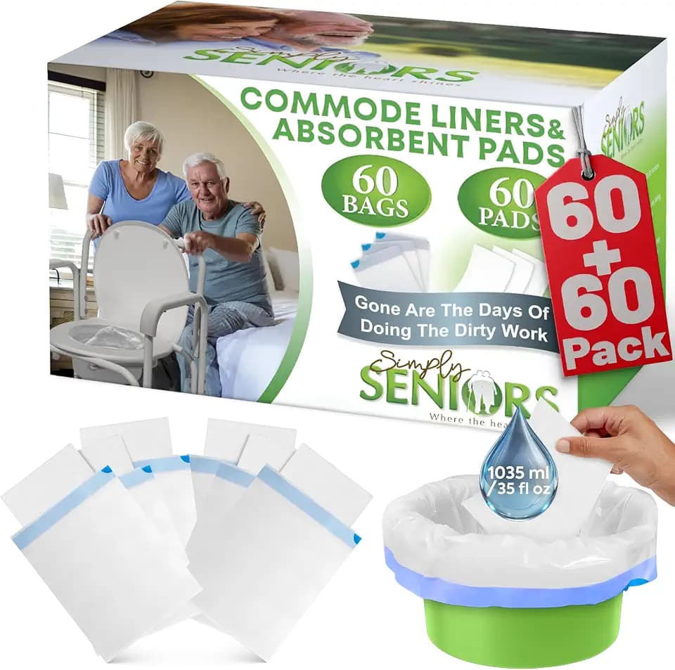 Simply Seniors Commode Liners with Absorbent Pads - 60 Liners & 60 Pads