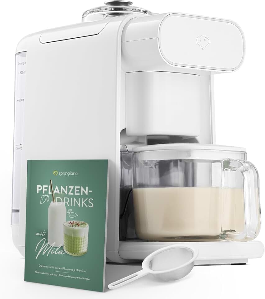 Springlane Pflanzenmilchbereiter Mila 600ml – 6 Programme + automatischer Reinigungsfunktion – LED-Touch-Display inkl. Timer, Kochmixer für Nussmilch, Sojamilch & Haferdrinks inkl. Sieb & Rezeptbuch