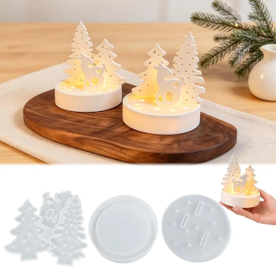 3 Stück Silikonform Haus Teelicht FORMVERSITY, Silikonformen Gießformen Tannenbaum und Elch, Giessformen Weihnachten Silikon Gießformen Kerzen für DIY Gips, Harz