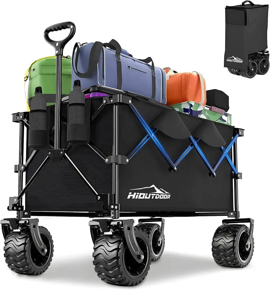 Hioutdoor Faltbarer Bollerwagen 4-Fach Zusammenklappbar, 200L Kapazität, 180KG Traglast, 9x16 cm All-Terrain-Räder, Verstellbarer Teleskopgriff Klappbarer Handwagen für Garten,Camping,Outdoor Schwarz